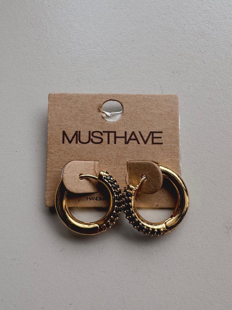 Gold Hoop with Mini Black Cz Pave Earrings