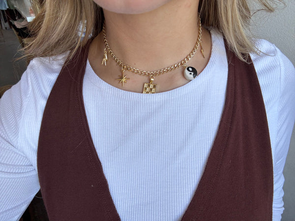 Checkered Frame Charm Necklace - 14" Gold Plated Chain