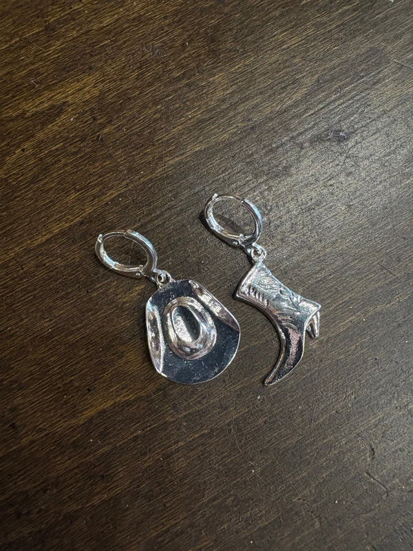 Mix and Match Silver Cowboy Hat and Cowboy Boot Earrings