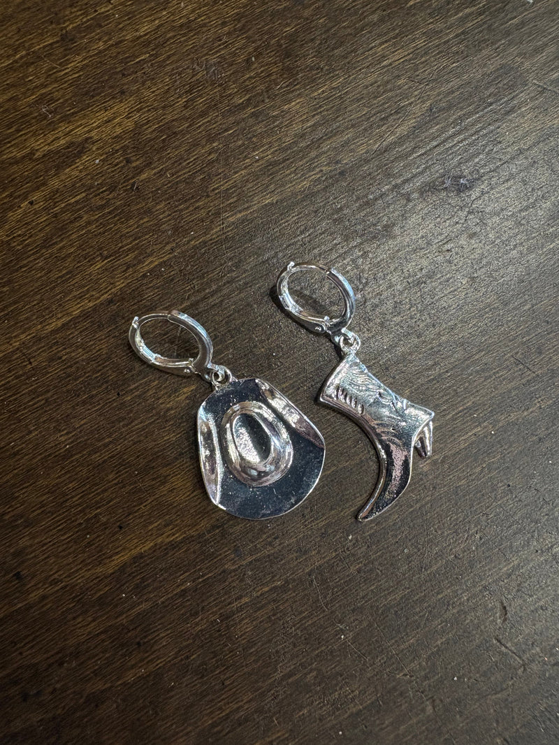 Mix and Match Silver Cowboy Hat and Cowboy Boot Earrings