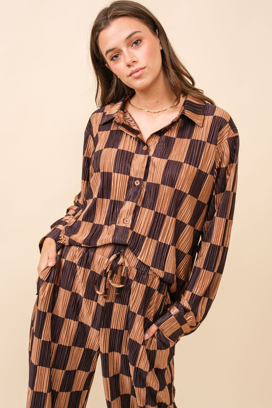 Plisse Checker Print Shirt (Top Only)