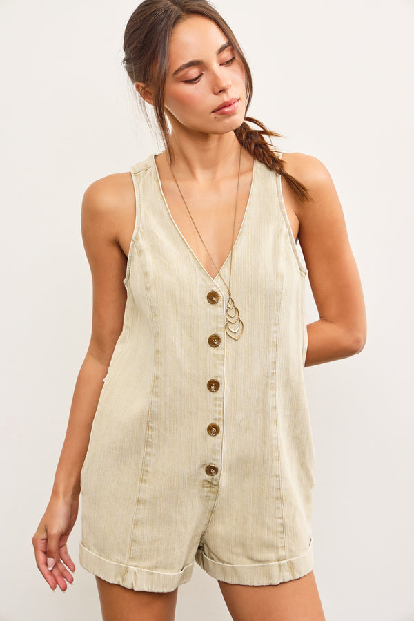 Button Closure V Neck Sleeveless Romper