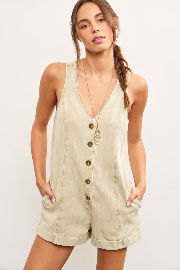 Button Closure V Neck Sleeveless Romper