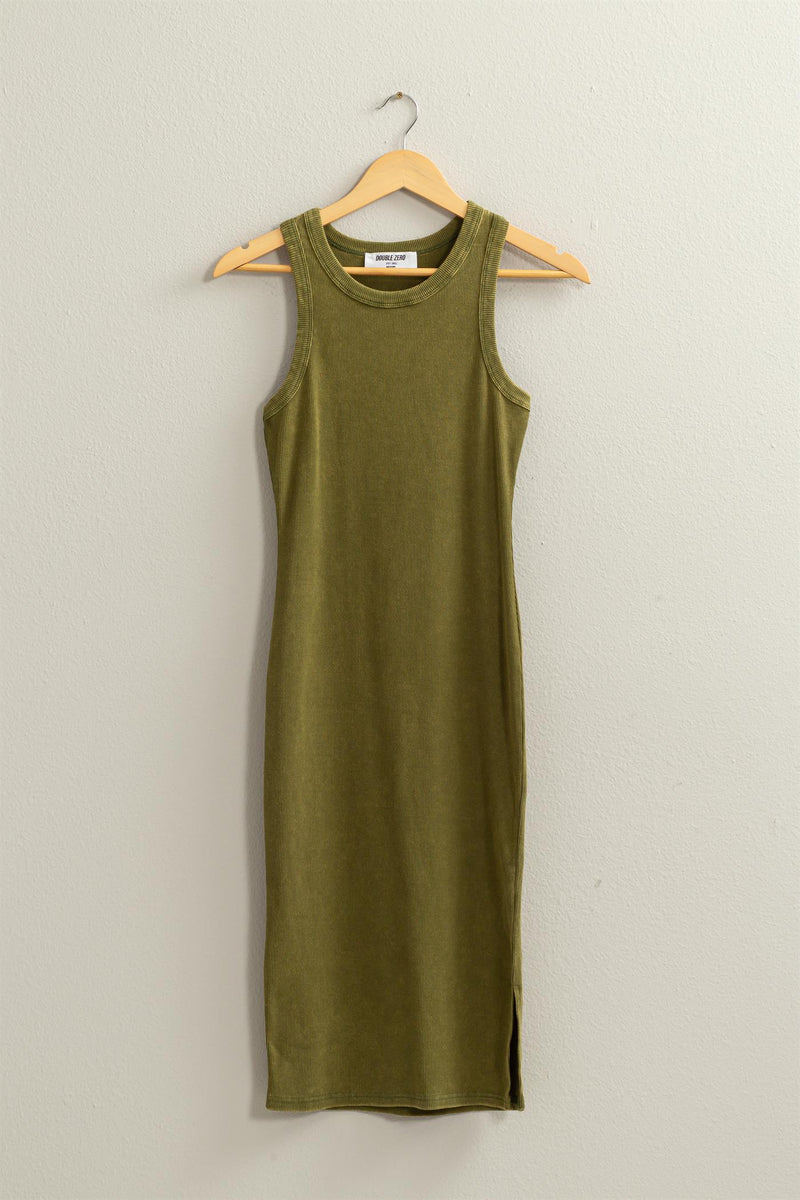 Acid Washed Ribbed Mini Tank Dress in Moss