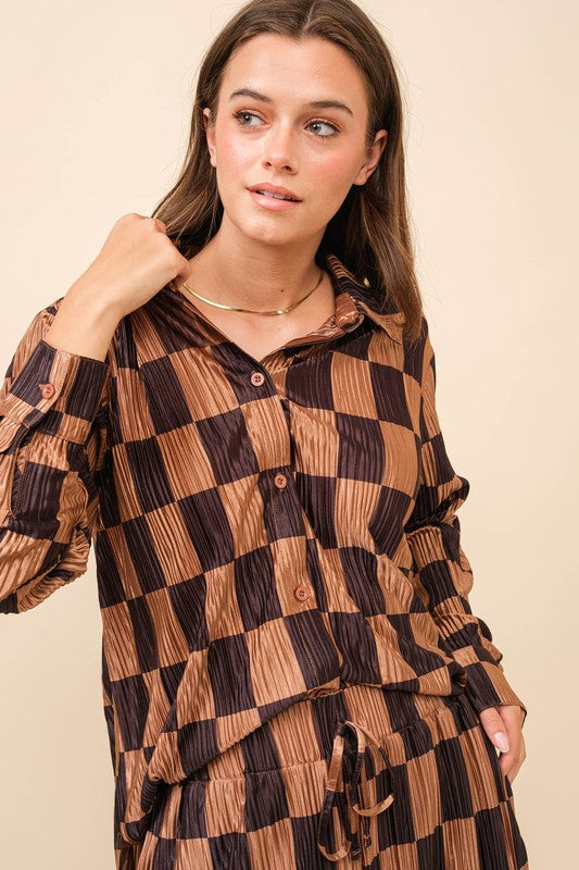 Plisse Checker Print Shirt (Top Only)