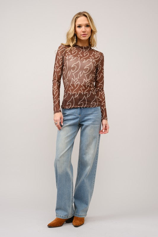 Boot Stitch Mock Neck Layering Long Sleeve Top - Brown