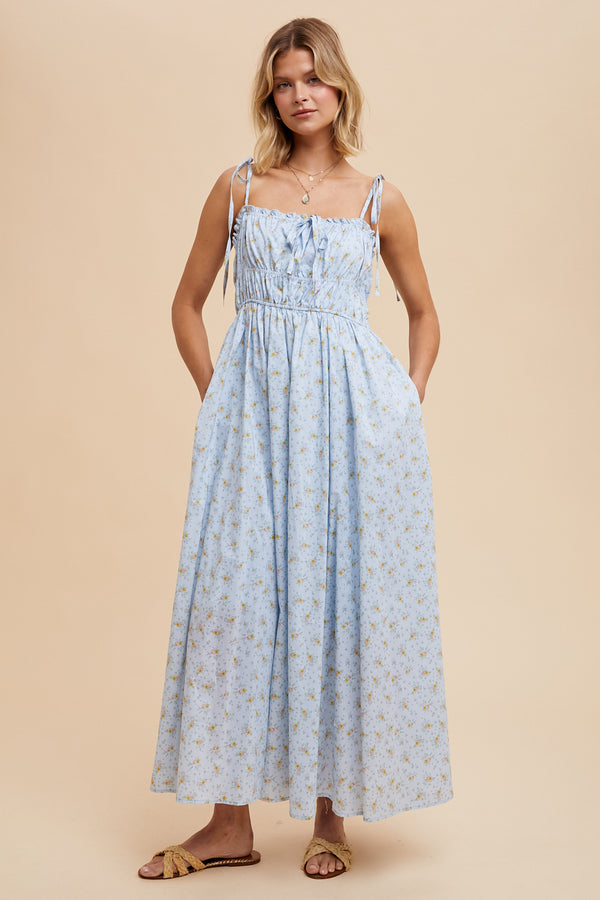 Ruched Cotton Floral Maxi Dress in Powder Blue- Final Sale