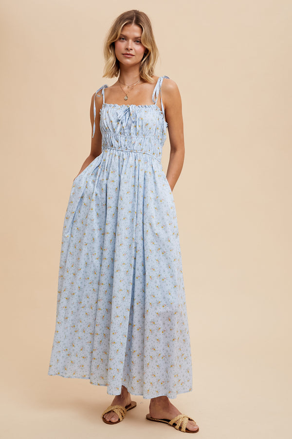 Ruched Cotton Floral Maxi Dress in Powder Blue- Final Sale