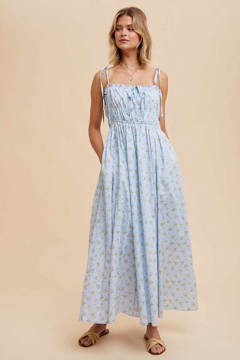 Ruched Cotton Floral Maxi Dress in Powder Blue- Final Sale