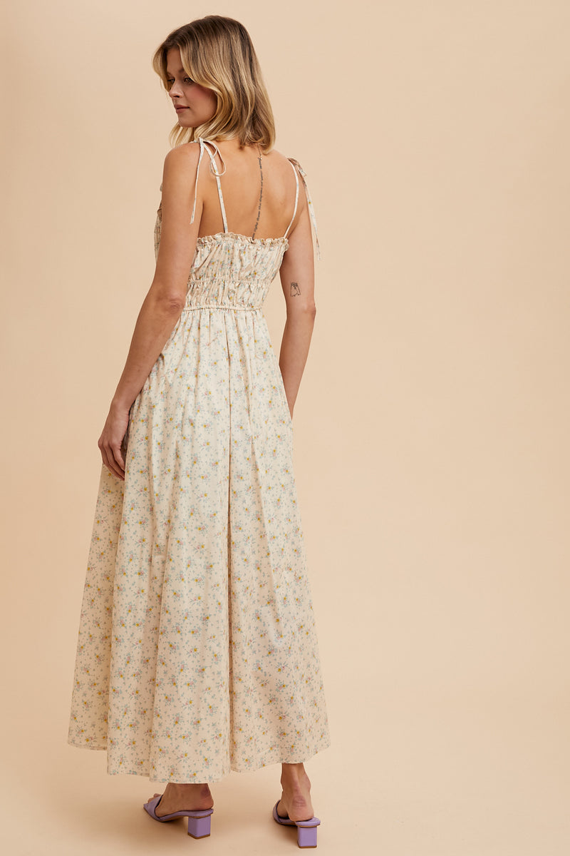 Ruched Cotton Floral Maxi Dress in Vintage Cream- Final Sale