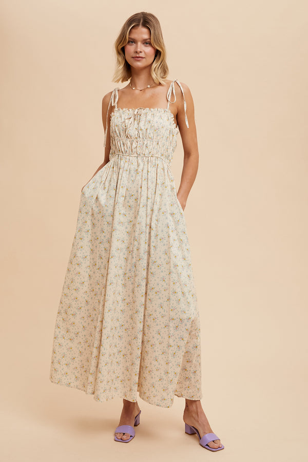 Ruched Cotton Floral Maxi Dress in Vintage Cream- Final Sale