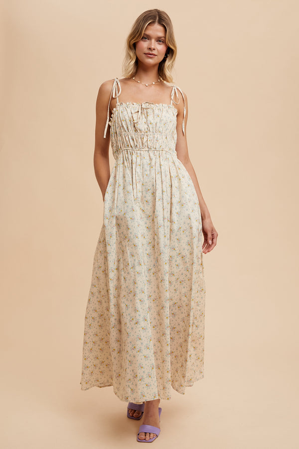 Ruched Cotton Floral Maxi Dress in Vintage Cream- Final Sale