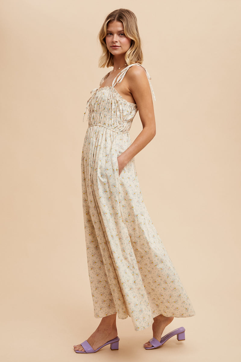 Ruched Cotton Floral Maxi Dress in Vintage Cream- Final Sale