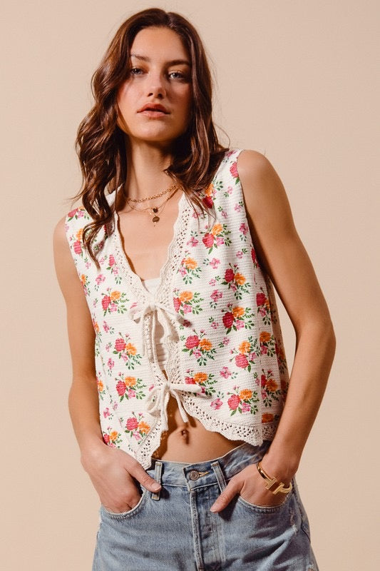 Tie Front Floral Print Knitted Sweater Vest Top (SIZE S-XL)