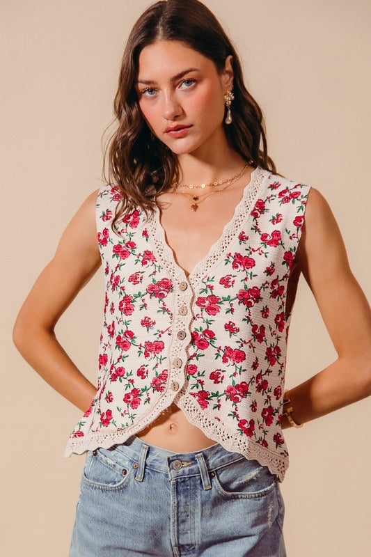 Buttoned Front Floral Texture Sweater
