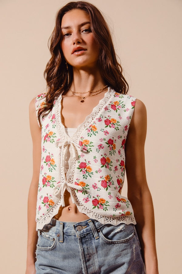 Tie Front Floral Print Knitted Sweater Vest Top (SIZE S-XL)
