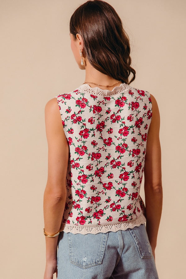 Buttoned Front Floral Texture Sweater