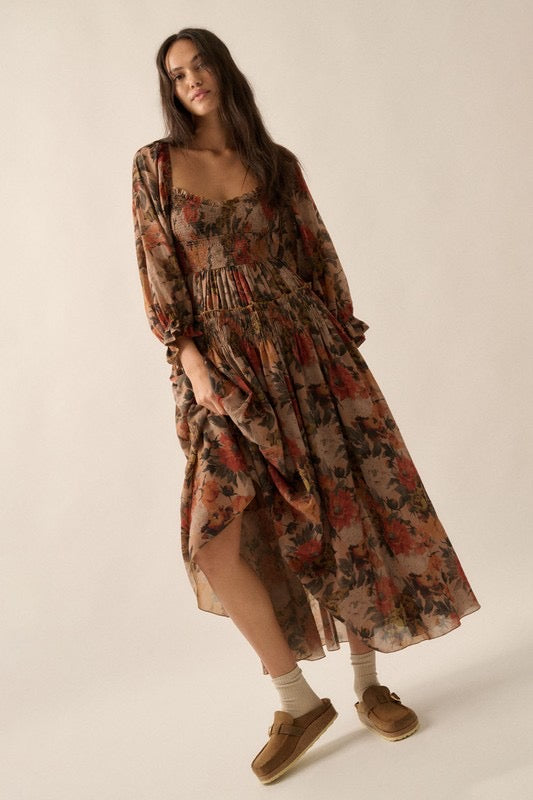 Fall Floral Smocked Long Sleeve Maxi Dress