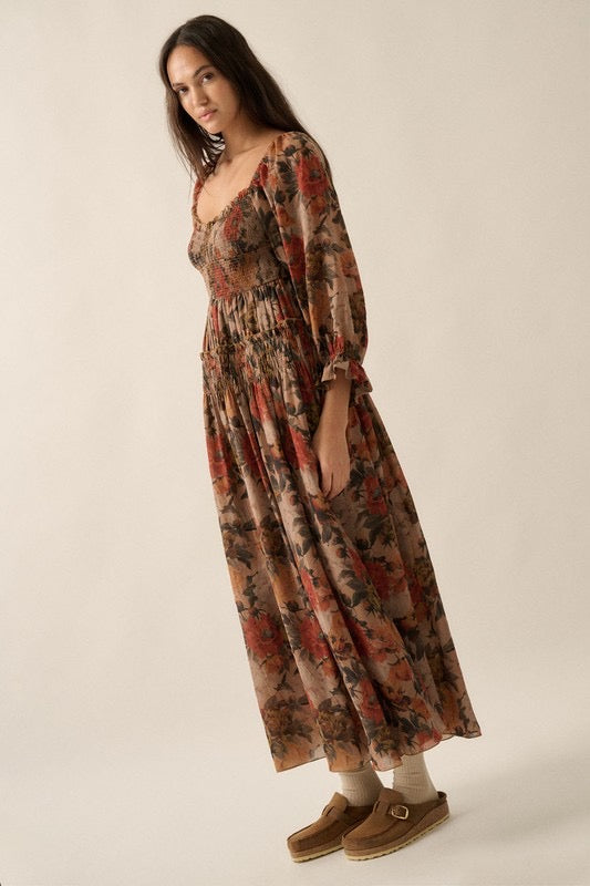 Fall Floral Smocked Long Sleeve Maxi Dress