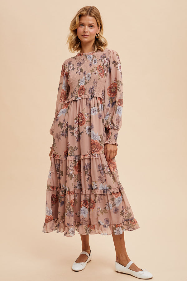 SMOCKED LONG SLEEVE FLORAL DRESS