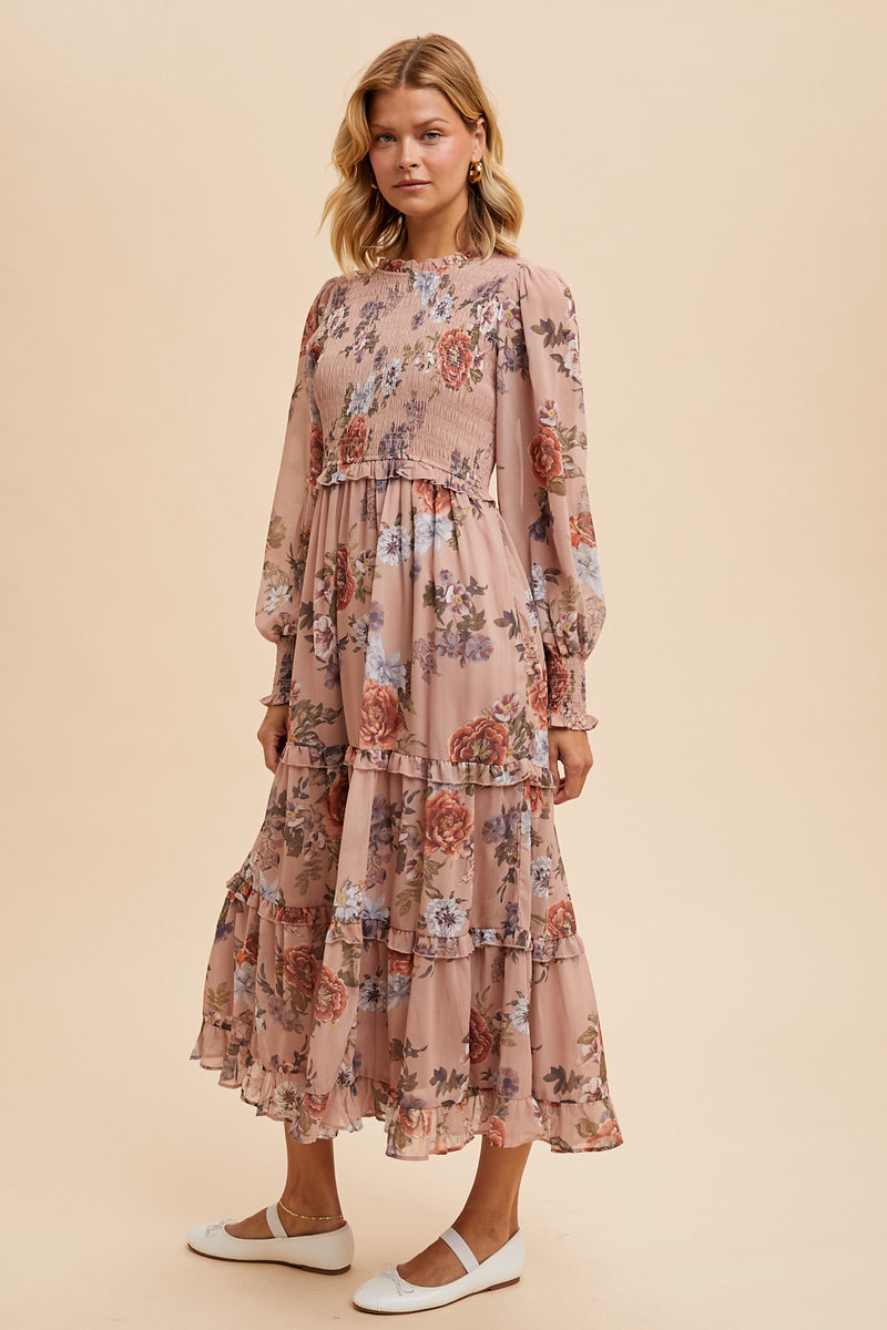 SMOCKED LONG SLEEVE FLORAL DRESS