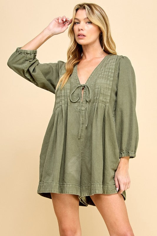 V-Neck Puff Sleeve Denim Romper - Olive