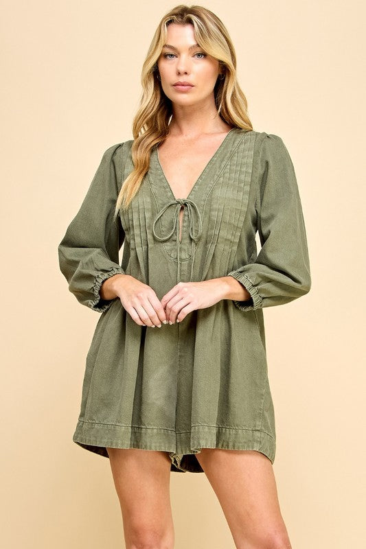 V-Neck Puff Sleeve Denim Romper - Olive