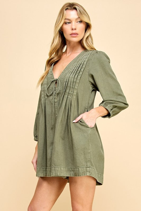 V-Neck Puff Sleeve Denim Romper - Olive