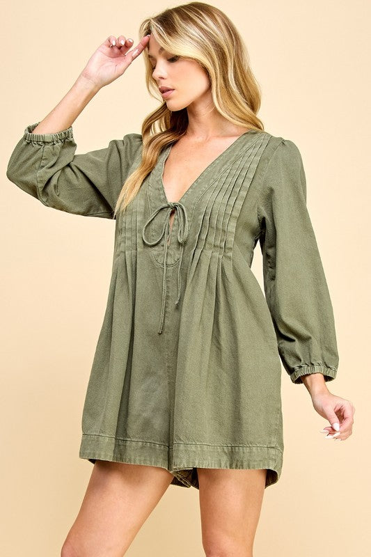 V-Neck Puff Sleeve Denim Romper - Olive