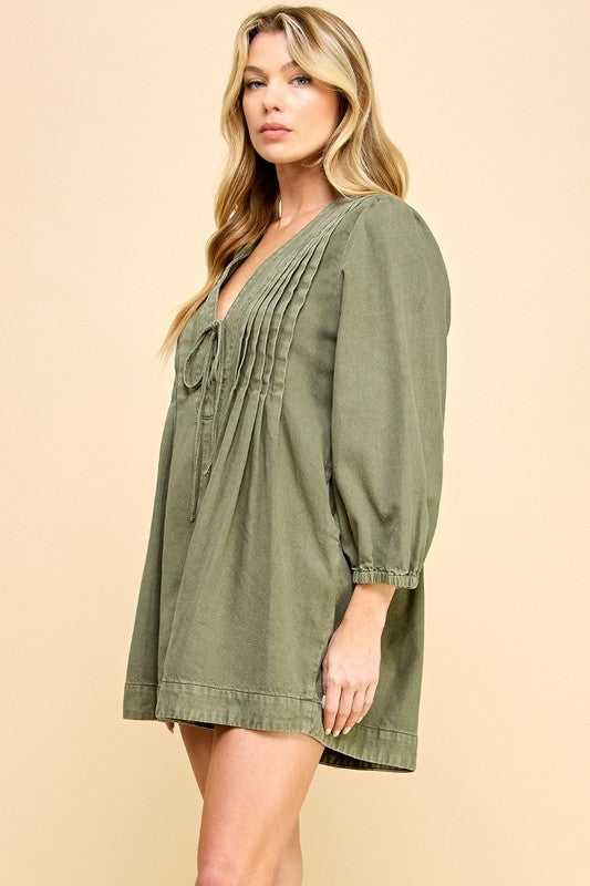 V-Neck Puff Sleeve Denim Romper - Olive