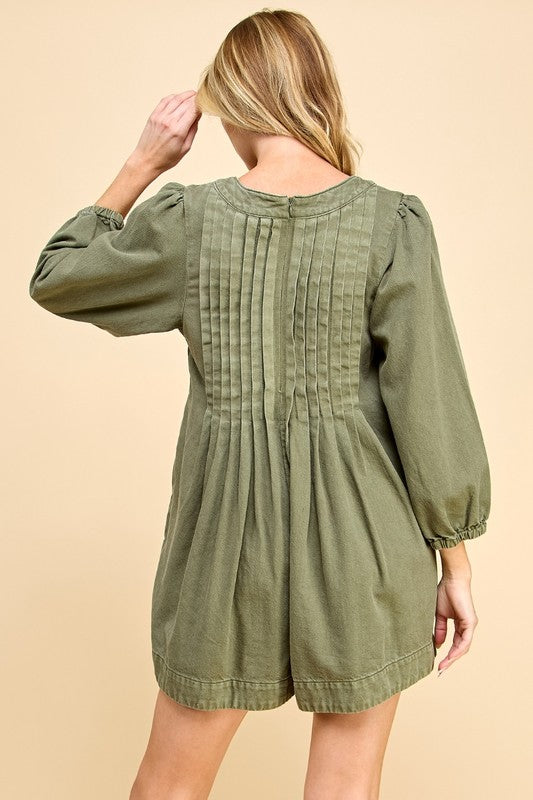 V-Neck Puff Sleeve Denim Romper - Olive