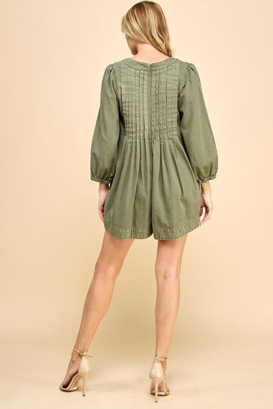 V-Neck Puff Sleeve Denim Romper - Olive