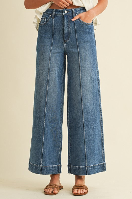 Medium Denim Stretch High Rise Pin Tuck Wide Leg Jean