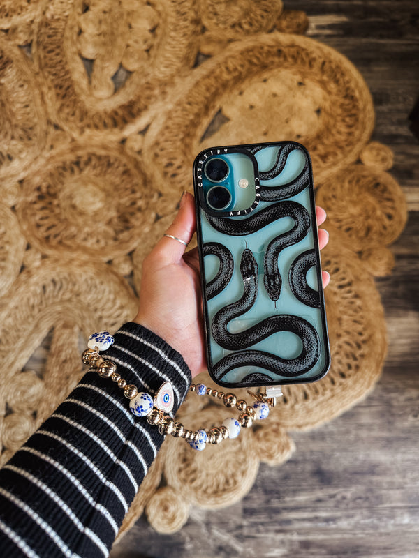 Gold and Blue/Ivory Floral Bead Phone Wristlet
