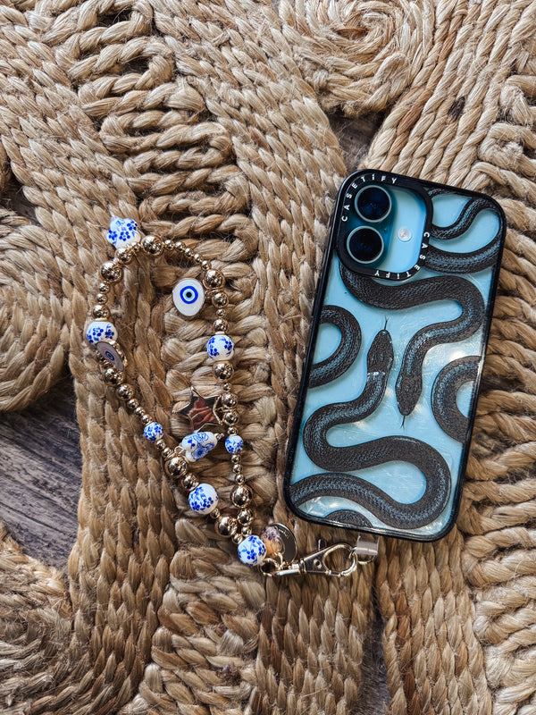 Gold and Blue/Ivory Floral Bead Phone Wristlet