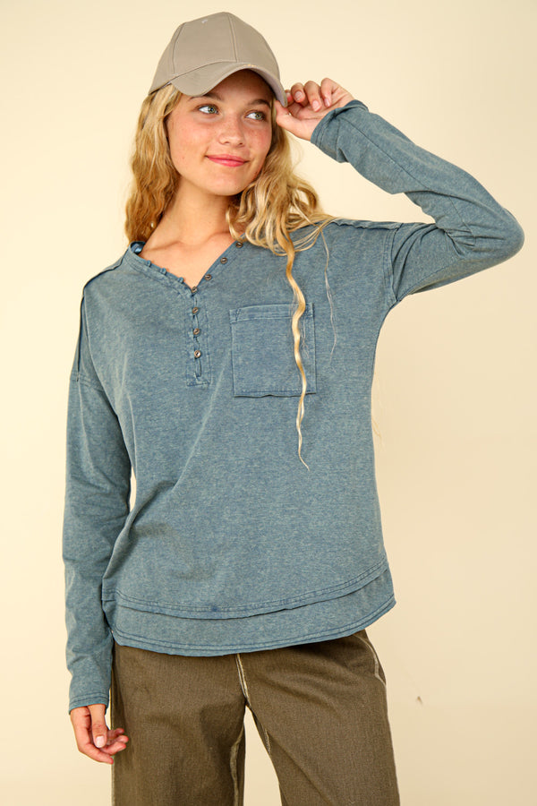 Mineral Washed Cotton Comfy Knit Top in Denim