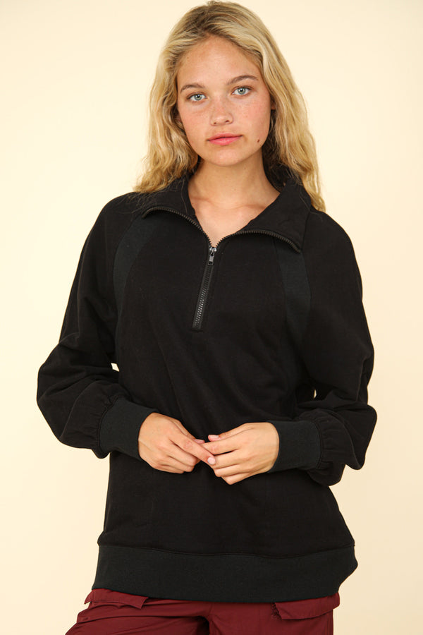 Oversized Sweatshirt Henley Knit Top in Black