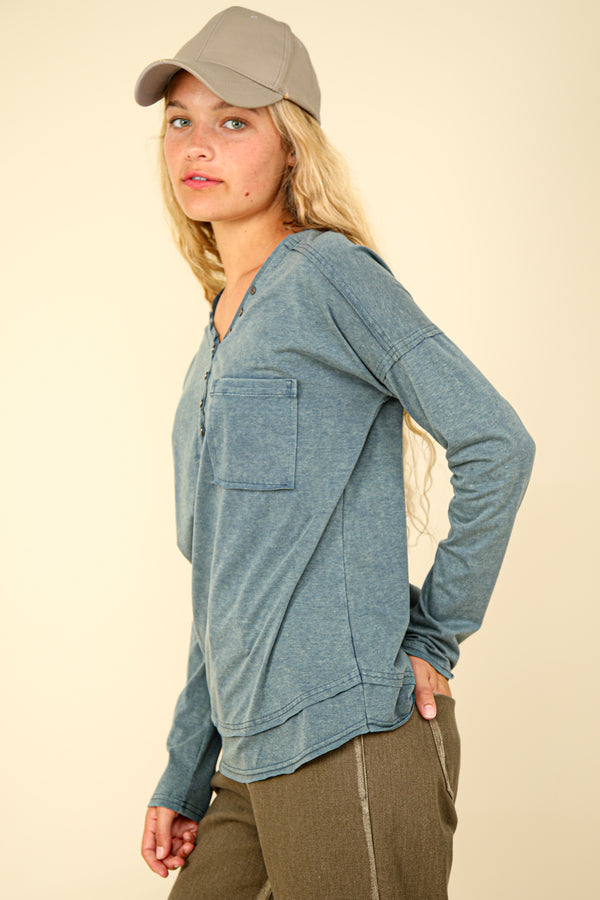 Mineral Washed Cotton Comfy Knit Top in Denim