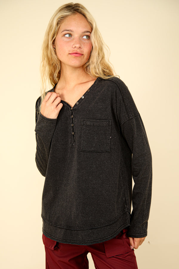 Mineral Washed Cotton Comfy Knit Top in Black