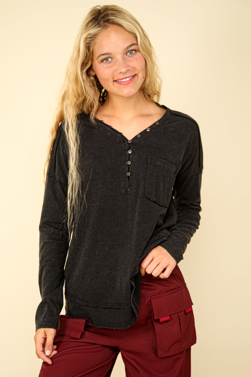 Mineral Washed Cotton Comfy Knit Top in Black