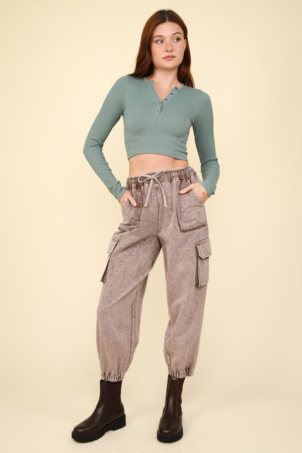 Casual Fitted Crop Henley Knit Top in Sage