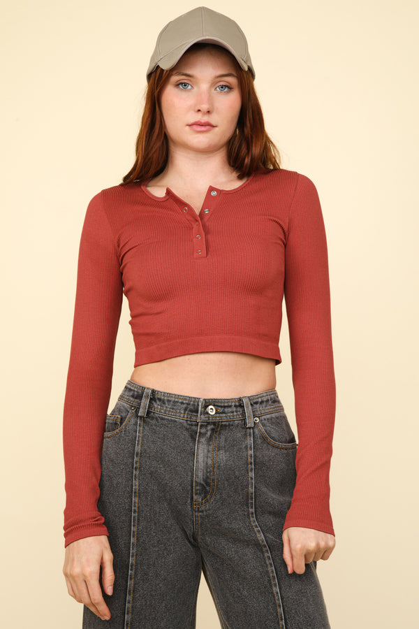 Casual Fitted Crop Henley Knit Top in Rust