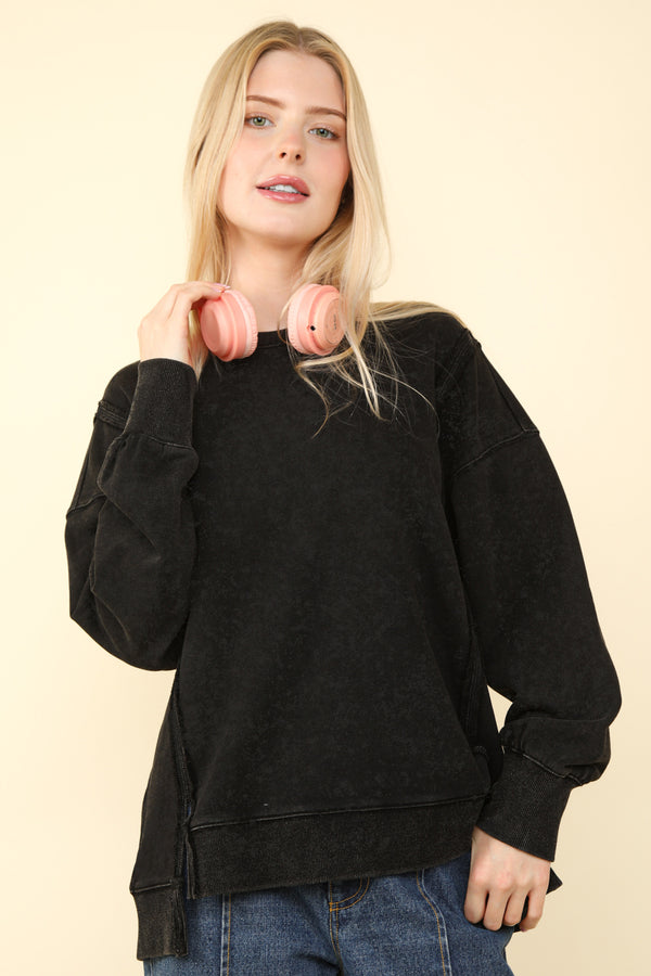 Mineral Washed French Terry Oversized Knit Top in Black