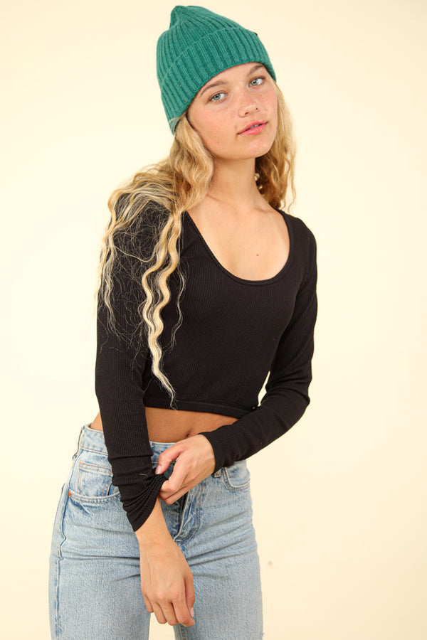 Easy Comfy Casual Fitted Crop Knit Top in Black