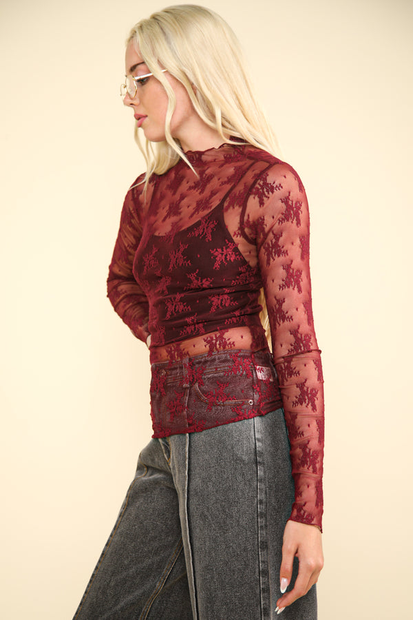 High Neck Fitted Sheer Mesh Lace Knit Top in Wine