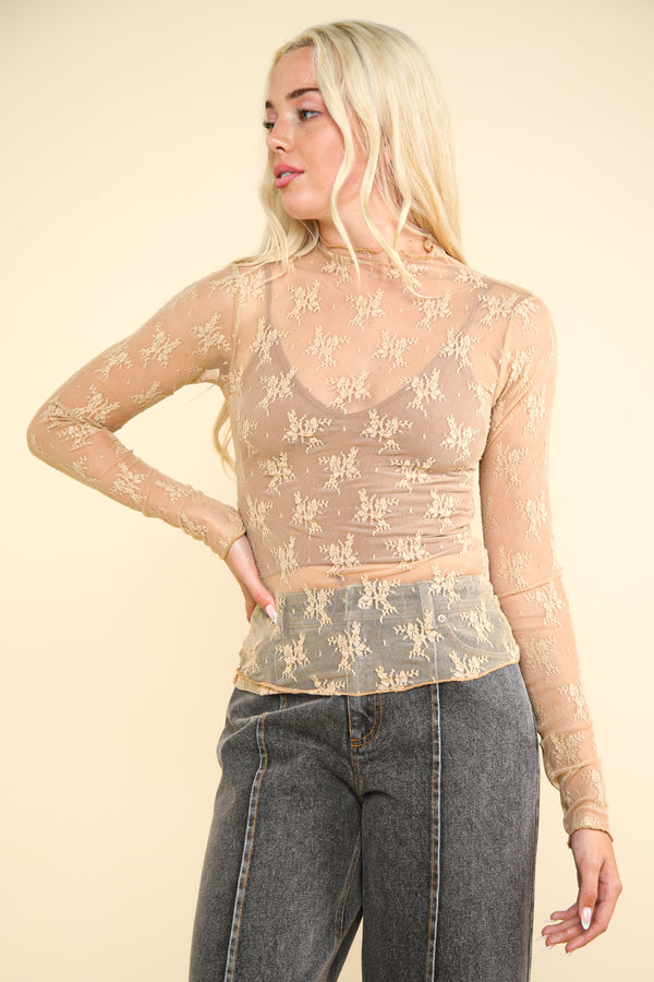 High Neck Fitted Sheer Mesh Lace Knit Top in Champagne