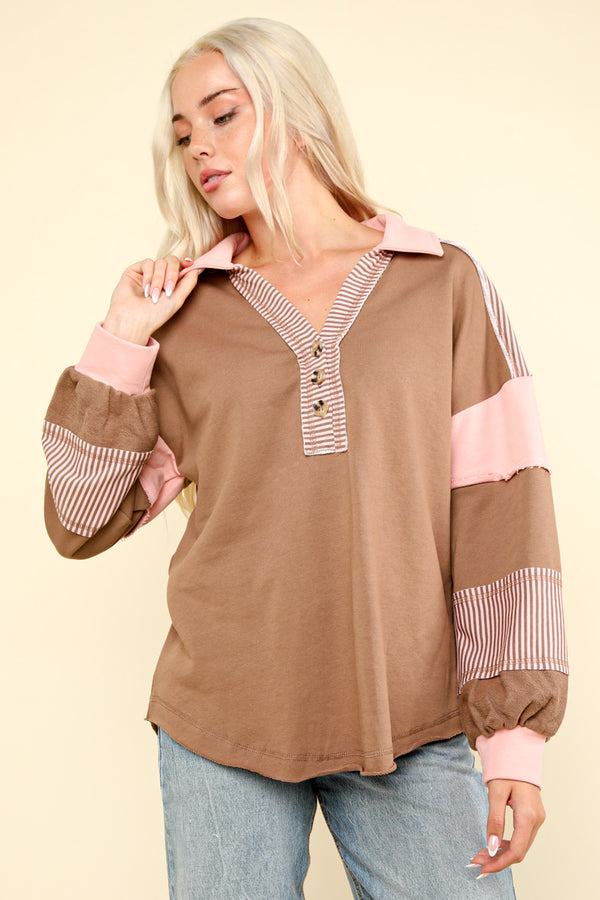 Color Block Oversized Casual Knit Top in Mocha