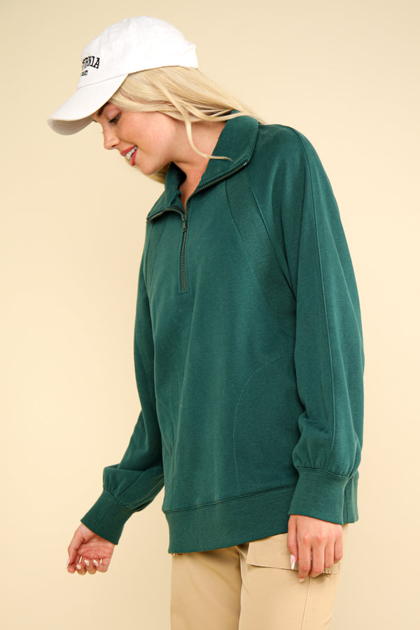 Oversized Sweatshirt Henley Knit Top in Forest