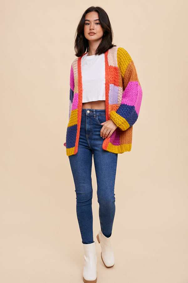 HAND KNITTED COLOR BLOCK PATCHWORK CARDIGAN