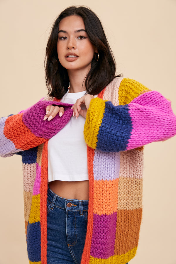 HAND KNITTED COLOR BLOCK PATCHWORK CARDIGAN